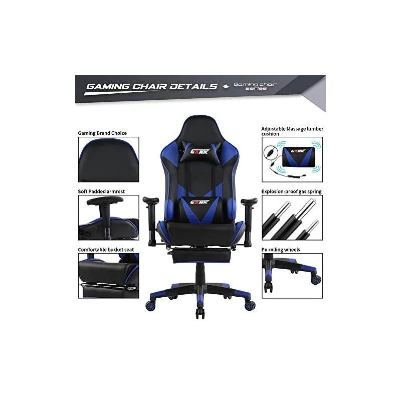 Gaming Chair Racing Office Computer Chair High Back PU Leather Swivel Chair with Adjustable Massage Lumbar Support and Headrest