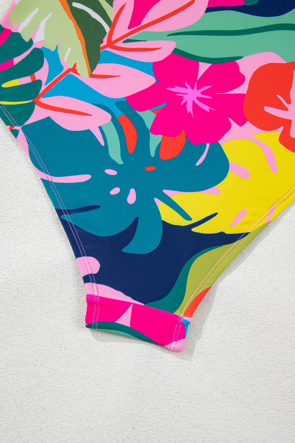 Black Plant Print Zip Front Half Sleeve One Piece Swimsuit