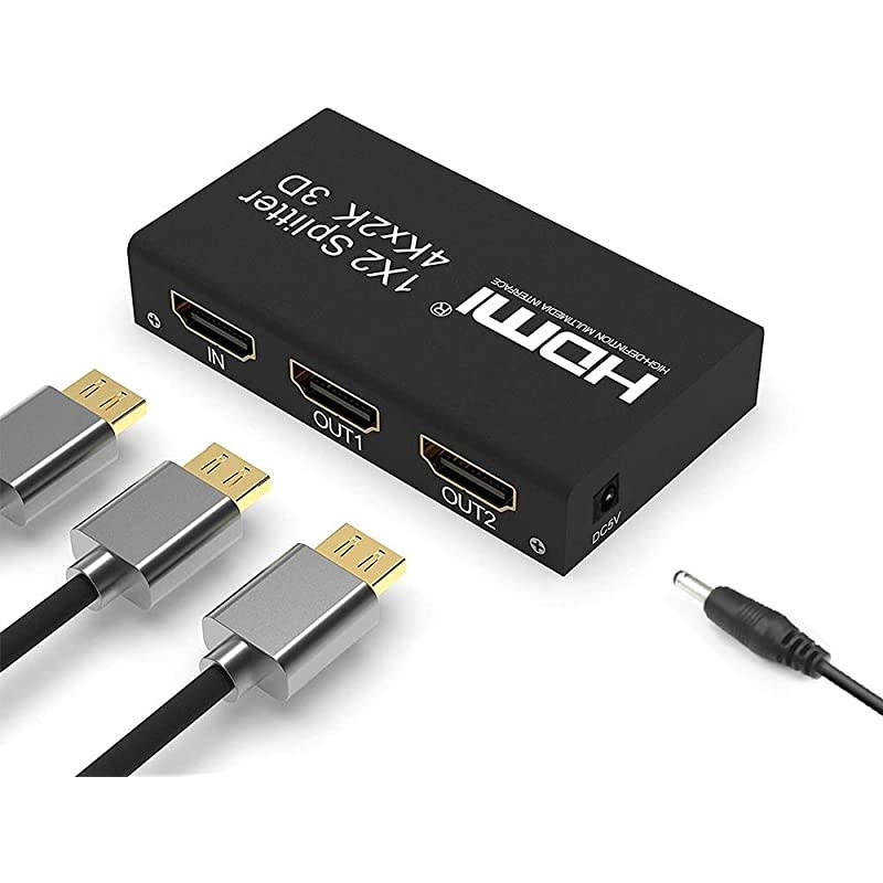 Splitter 1 in 2 Out, 1x2 Powered Splitter, V1.4 Supports Full 4K HD 1080P, 2160P & 3D Resolutions for DVD player, laptop, HDTV or other Devices to two display devices with ports.
