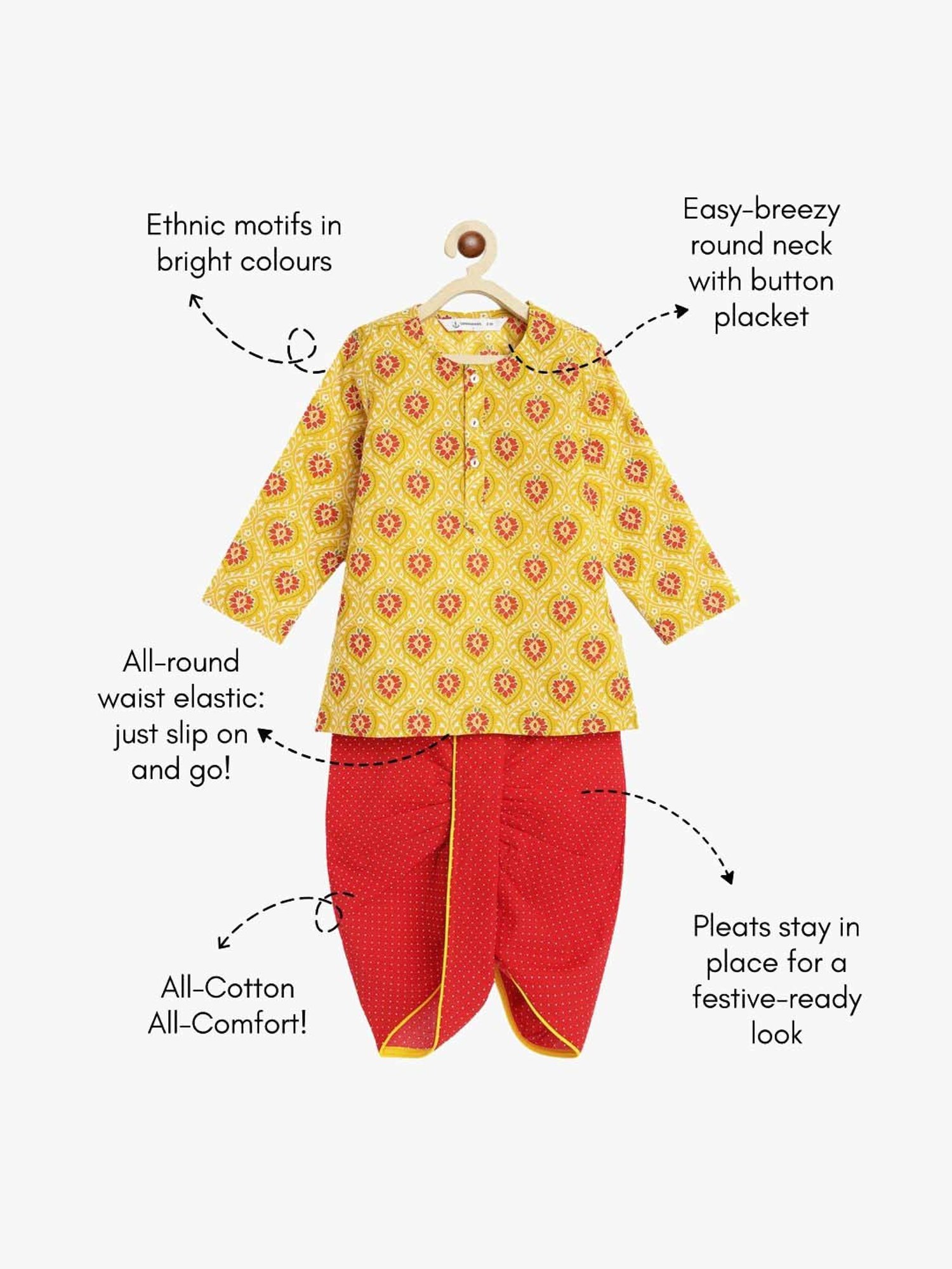 Campana Kids Yellow & Red Cotton Printed Full Sleeves Kurta & Dhoti
