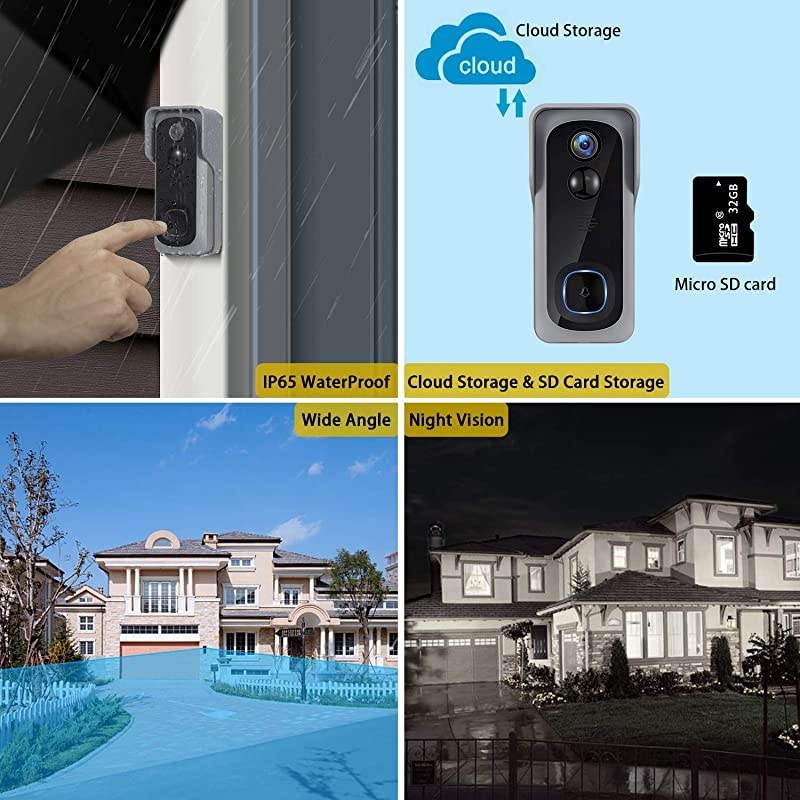 Doorbell Camera Video Doorbell Waterproof1080P HD32GB Micro SD CardNight VisionTwoWay Audio160&deg;Wide AngelPIR Motion Detection for iOS amp Android  J1