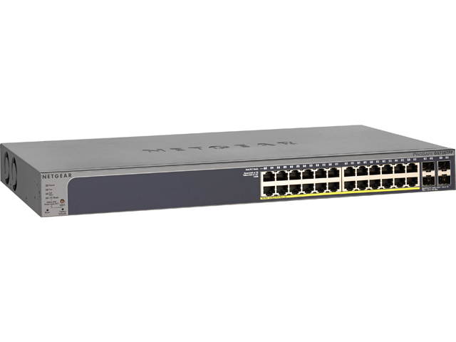 NETGEAR 28-Port PoE Gigabit/10G Stackable Smart Switch (GS728TXP) - Managed with 24 x PoE+ @ 195W, 2 x 10G Copper and 2 x 10G SFP+, Desktop/Rackmount, and ProSAFE Lifetime Protection
