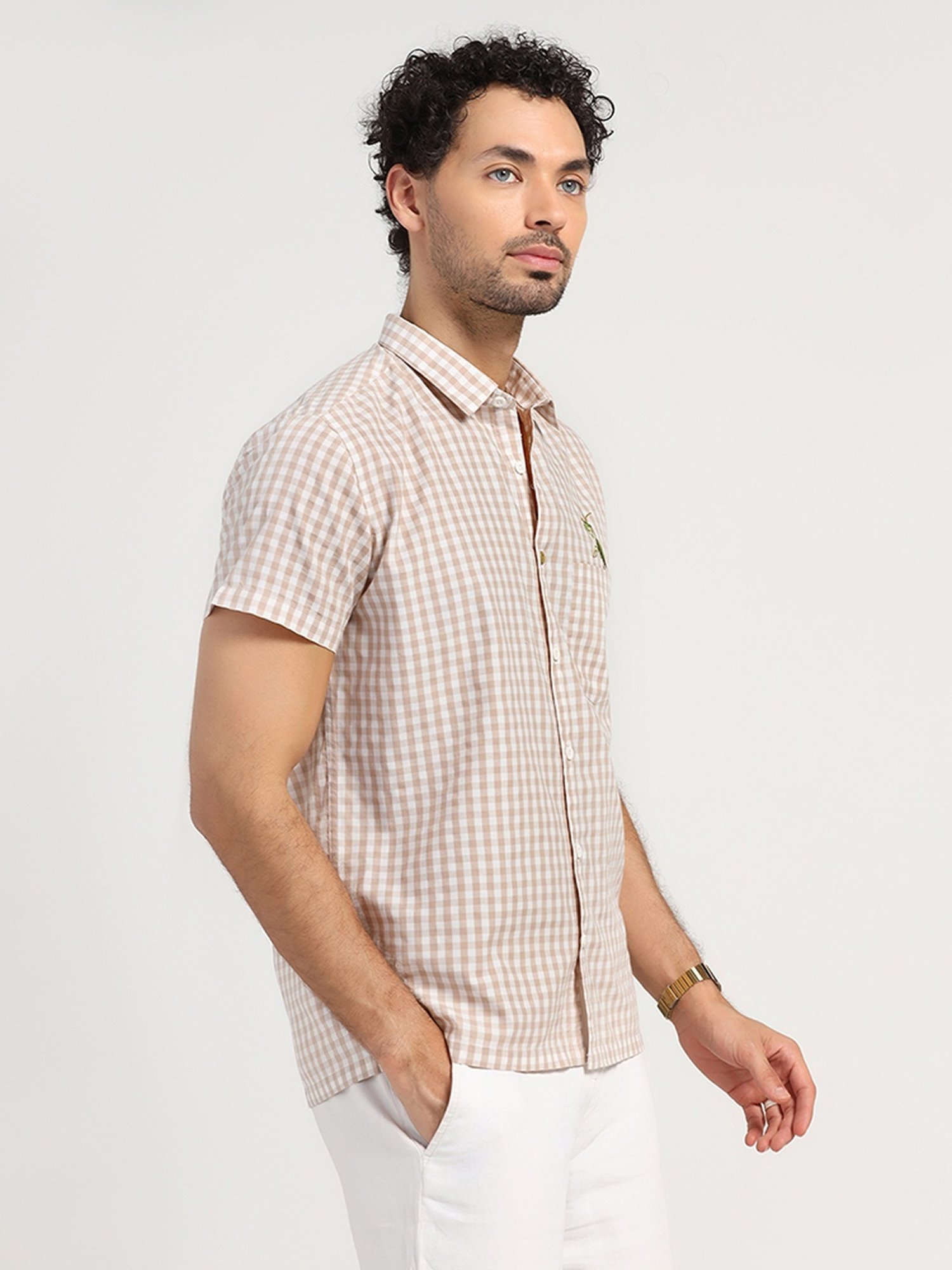 Lela Beige Regular Fit Embroidered Shirt