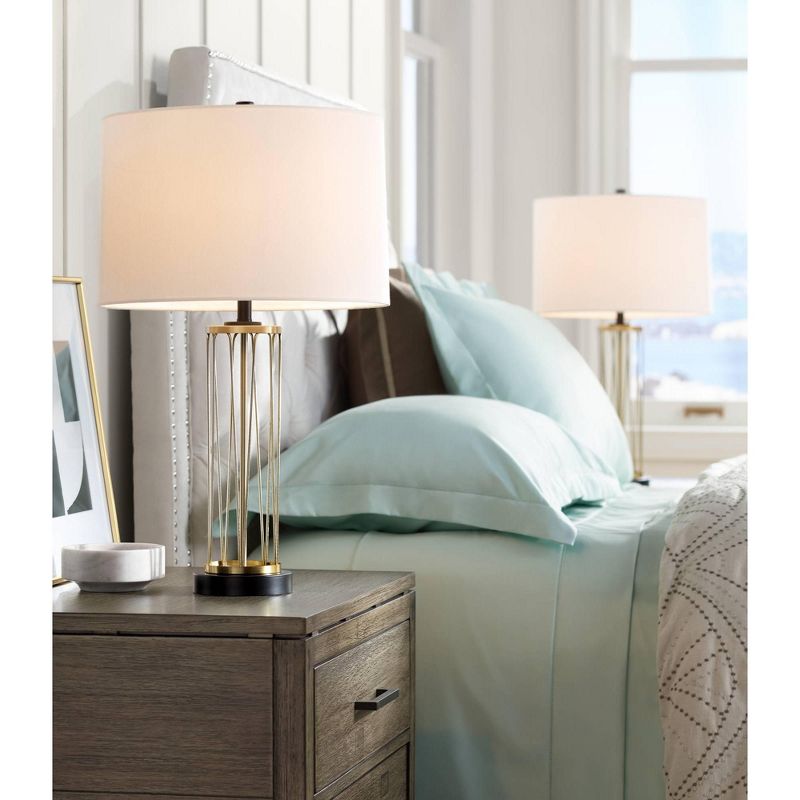 Possini Euro Design Industrial Table Lamp Oil Rubbed Bronze Clear Glass Burlap Tapered Drum Shade for Living Room Bedroom Bedside