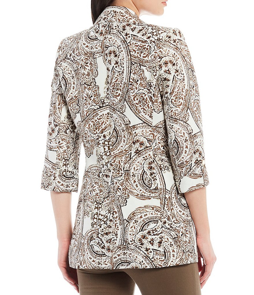 Calvin Klein Petite Size Paisley Print Linen-Blend Notch Lapel Collar Roll-Tab Sleeve Open Front Jacket