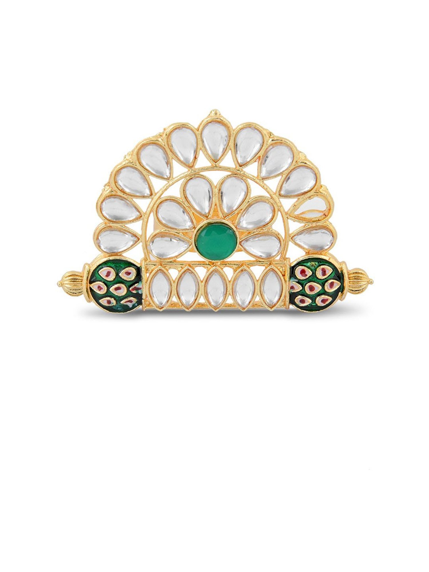 Zaveri Pearls Green Pink Meenakari Multistrand Beaded Kundan Necklace Earring Ring Set-ZPFK15624