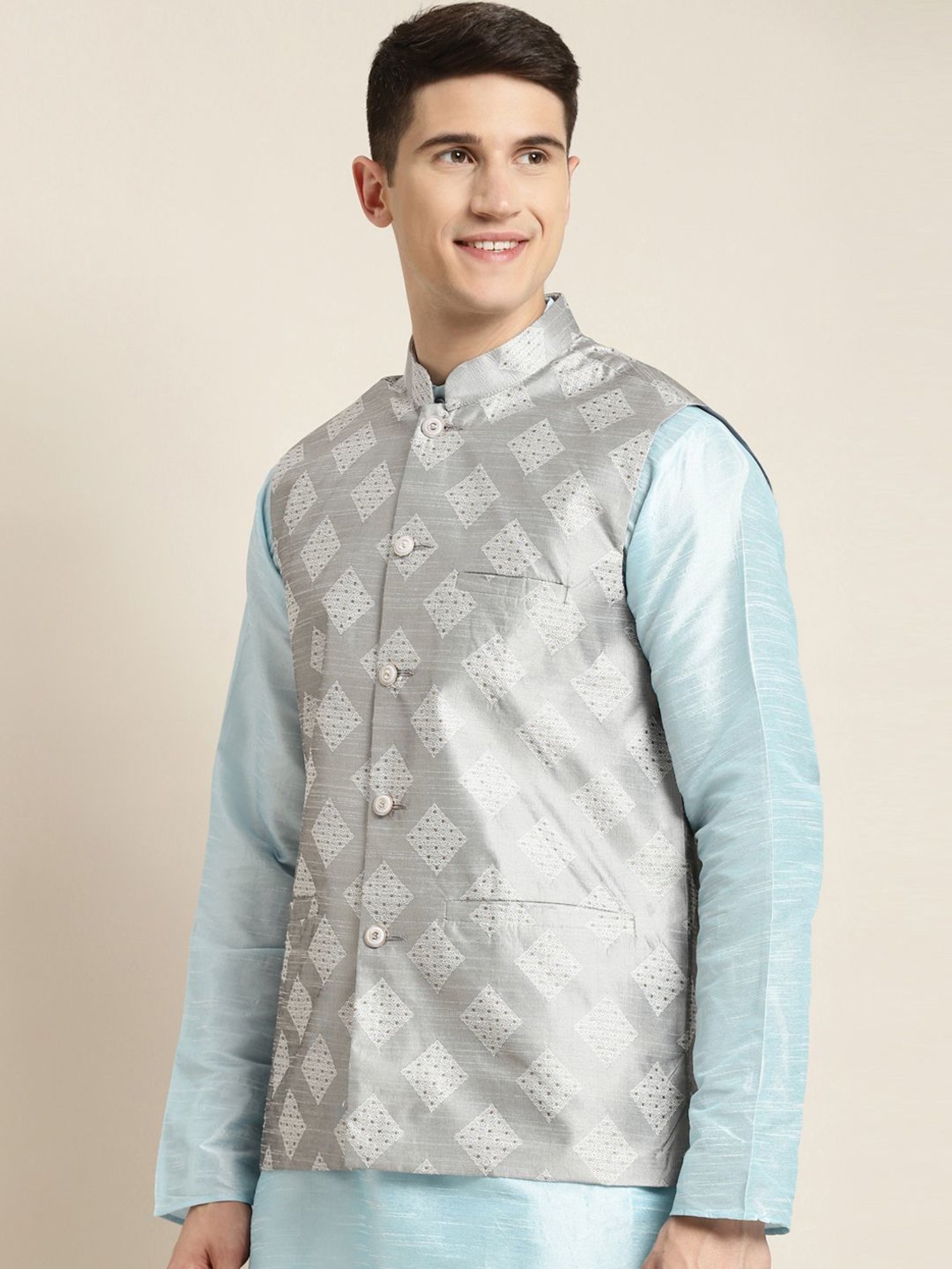 Sojanya Grey Regular Fit Self Pattern Nehru Jacket