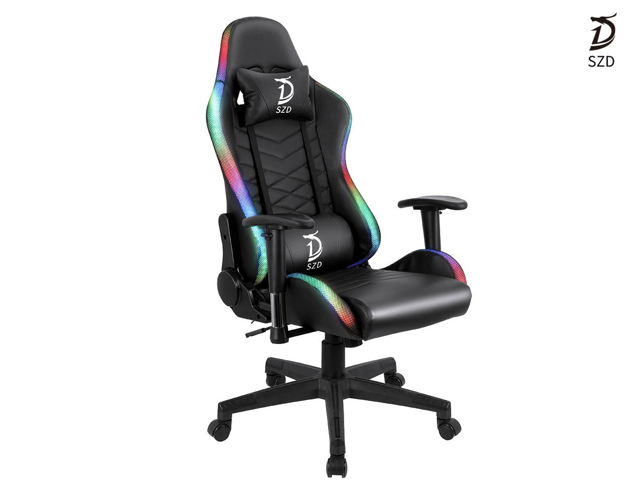 SZD Gaming Chair With RGB LED Light Racing Computer Office Chair High-Back PU Leather Executive Ergonomic Hydraulic Swivel Seat Height Adjustable Headrest and Lumbar Support 3D Armrest (Black &white)
