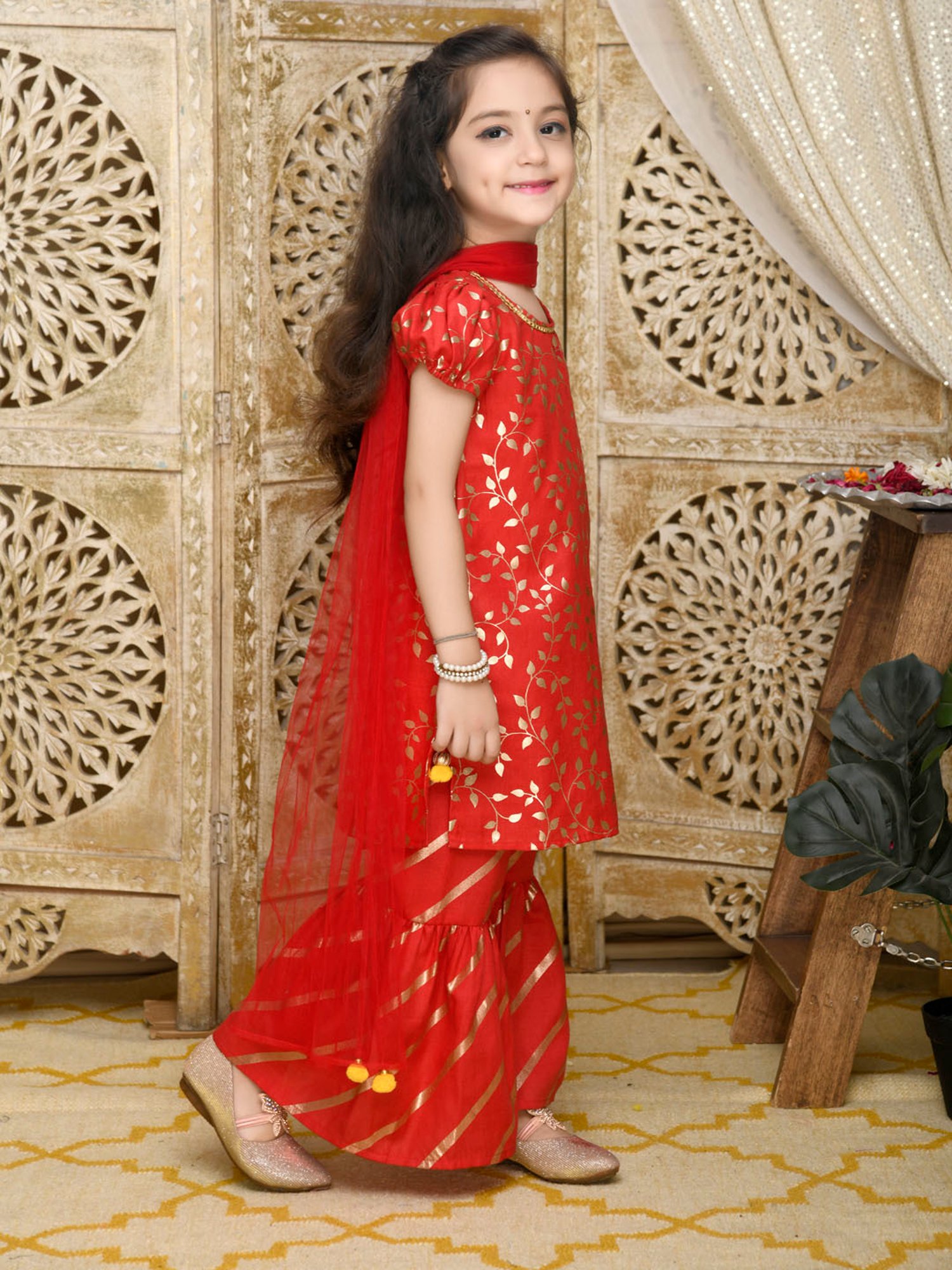 Saka Designs Kids Red & Gold Printed Kurta with Sharara & Dupatta