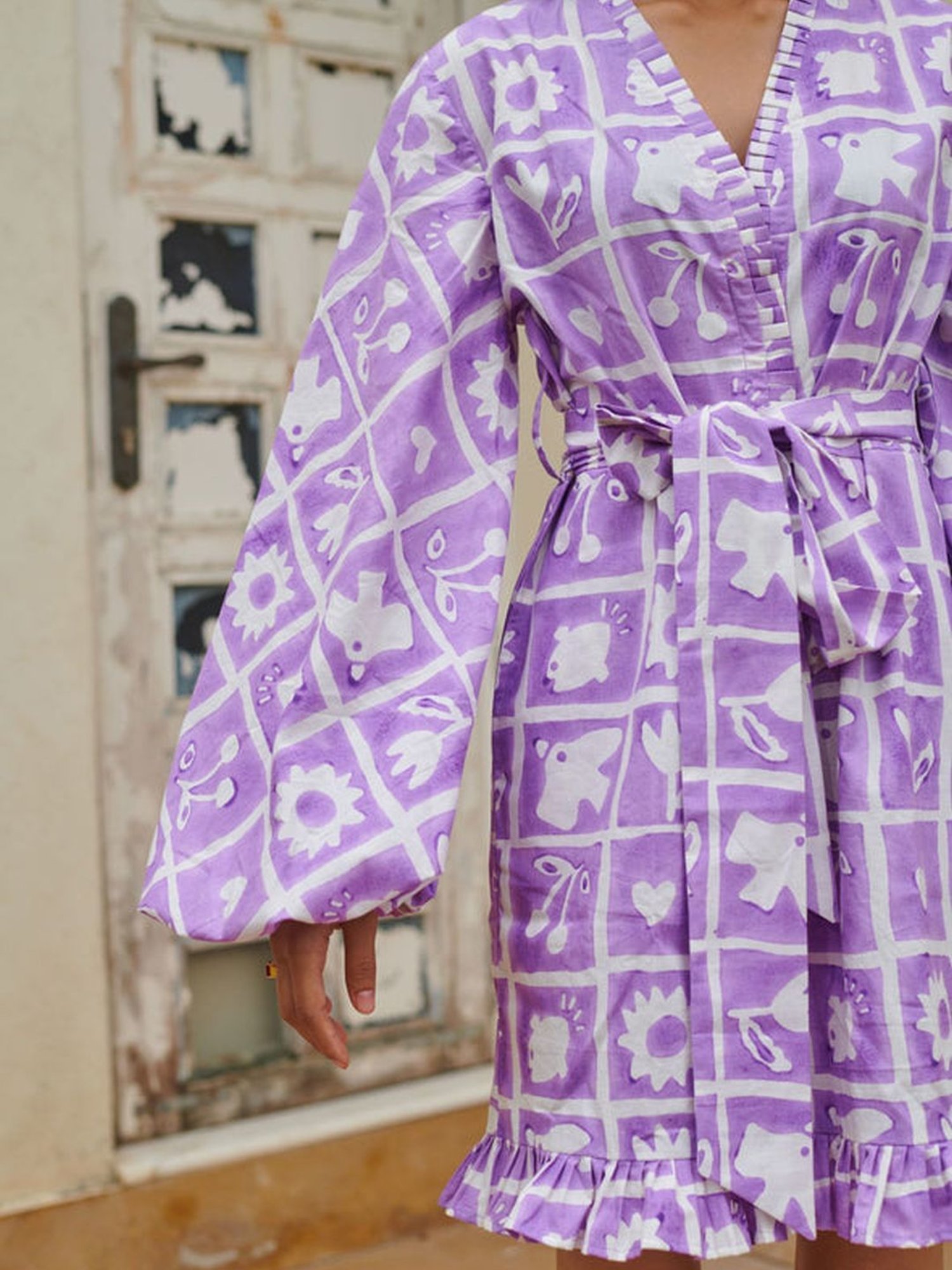 Khajoor Studio Purple & White Sundaze Hakuna Matata Ruffle Short Jumpsuit