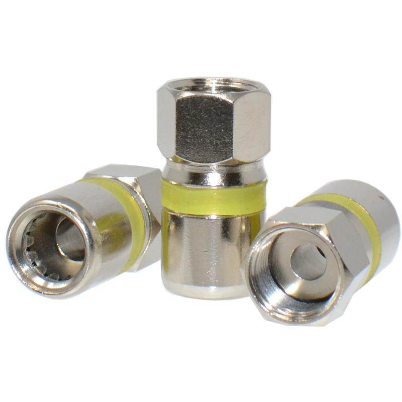 RG6 Quad Shield Coaxial to Self Lock F-Type Compression Connector Yellow (50/pk)