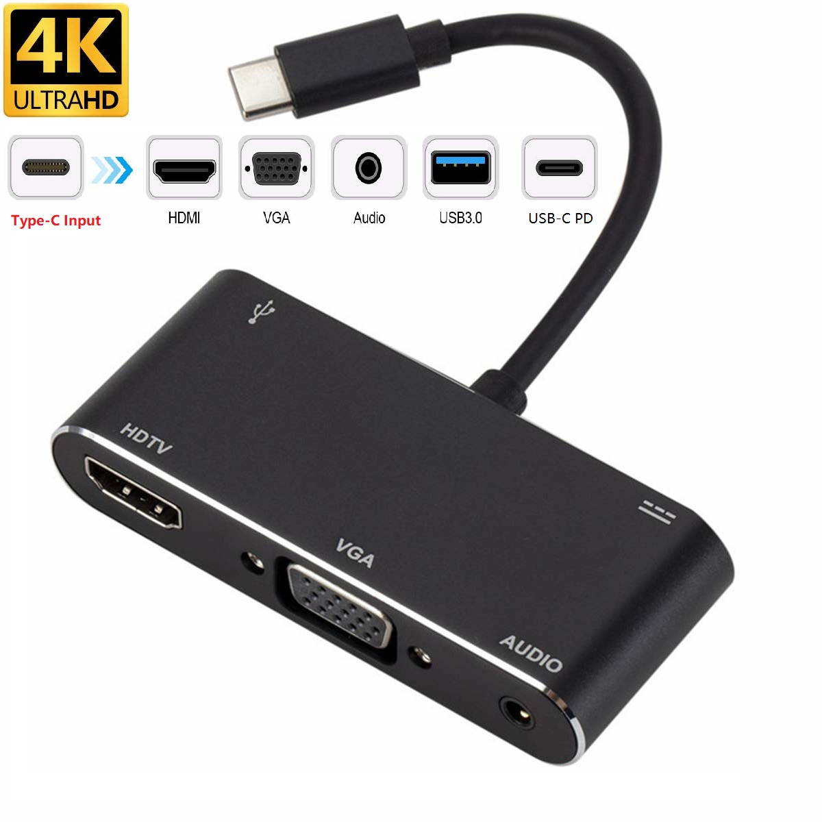 5in1 Type-C HUB USB C to 4K HDMI VGA 3.5mm Audio UHD Video Converter Dock with USB 3.0 and USB-C PD Charging for MacBook, ChromeBook and Galaxy S8/S8+/S9/S9+/S10/S10+/S20/S20+ and More.