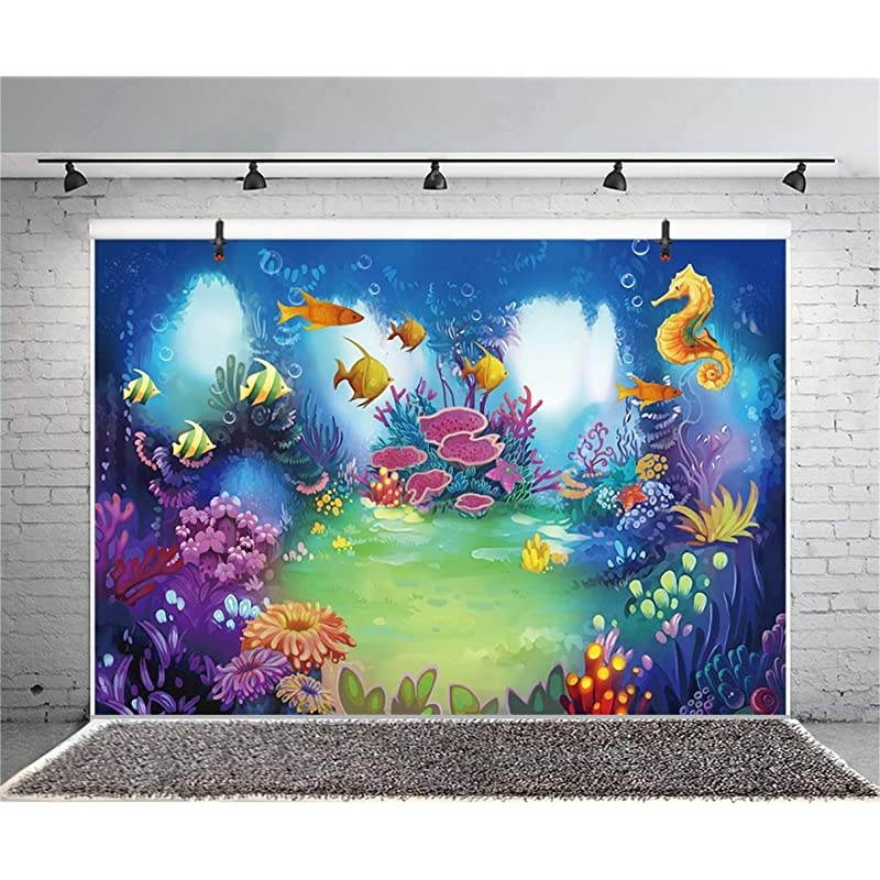 7x5ft Cartoon Marine Theme Vinyl Photography Background Underwater Dreamland Sea Horse Fishes Coral Backdrop Child Kids Baby Birthday Party Banner Safari Mermaid Party Wallpaper