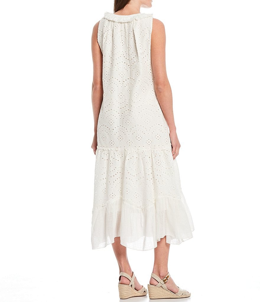 Reba Embroidered Eyelet Handkerchief Flounce Hem Sleeveless Midi Dress