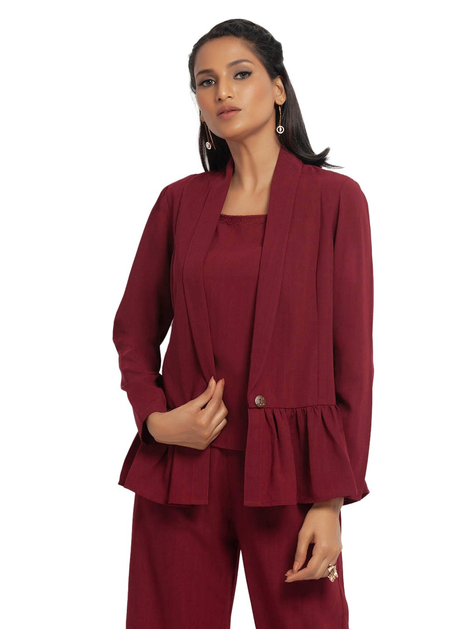 Office & You Maroon Full Sleeves Jacket With Gathers