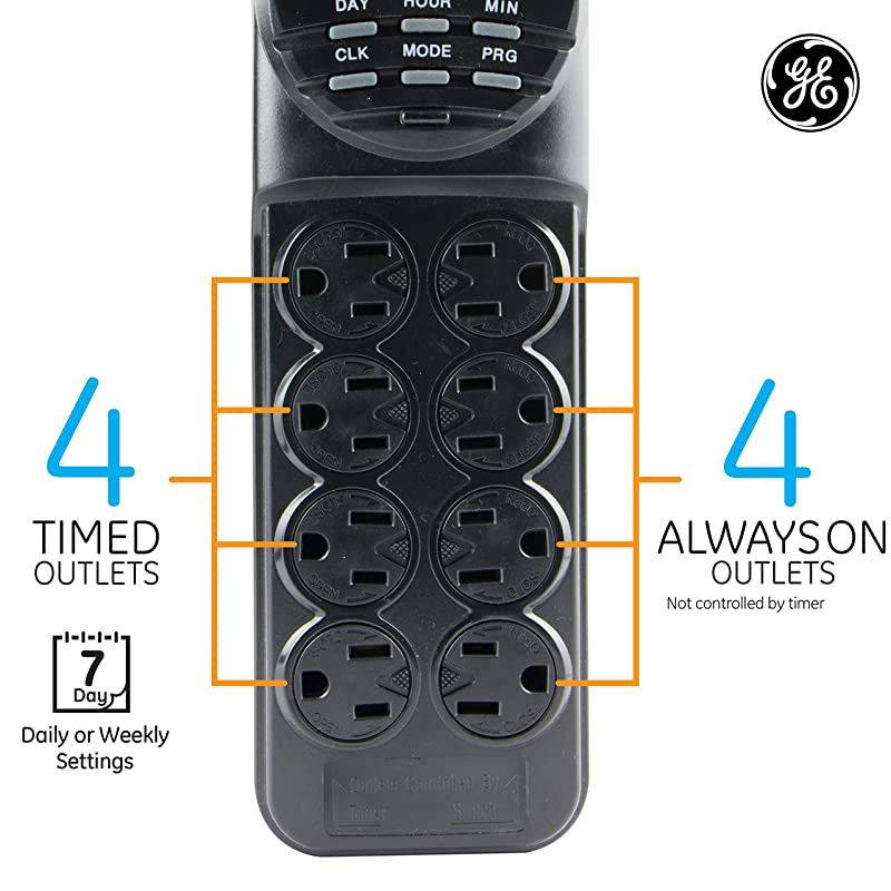 7-Day Programmable Power Strip with Digital Timer, 8 Grounded Outlets (4 Timed / 4 Always On), Indoor, 15 Amp, 1800W, Easy Presets and Custom Settings for Weekly Cycle, Minute Intervals, 15077 Black