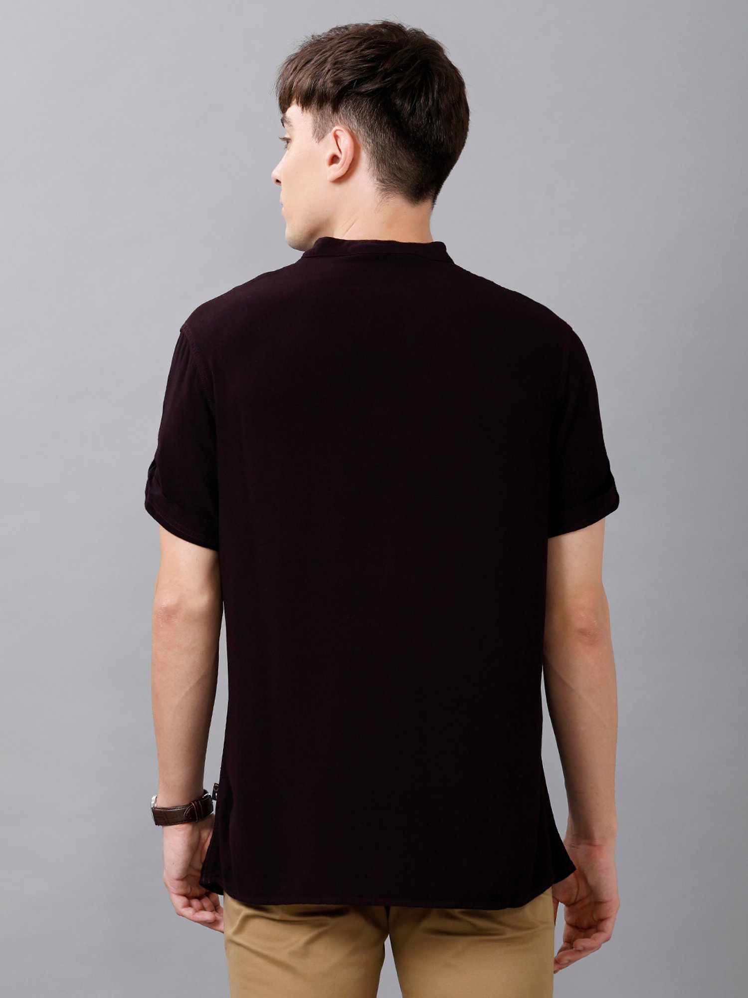 Identiti Dark Wine Mandarin Collar Short Kurta