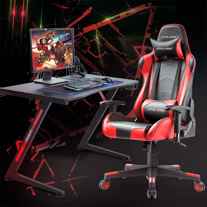 GTRACING Gaming Desk Computer Office PC Gamer Table Pro Racing Style Professional Game Station Z-Shaped Gaming Controller Tablet Stand & Cup Holder, Black