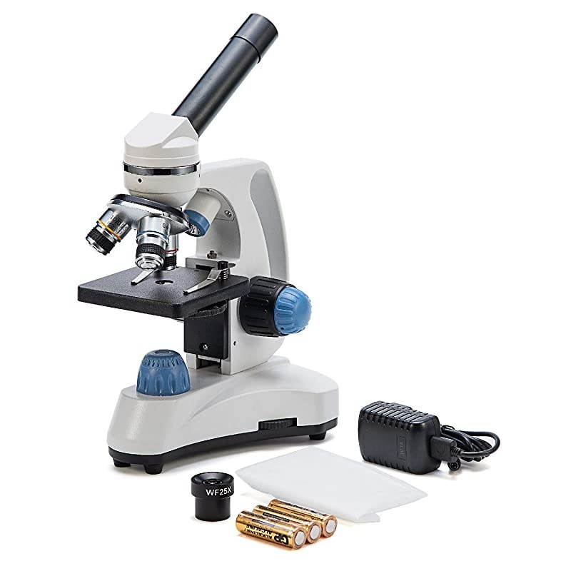 SW150 Compound Monocular Student Microscope with 40X1000X Magnification Glass Optics Extra 25X Widefield Eyepiece Coarse and Fine Focusing Dual Illumination and Cordless Capability