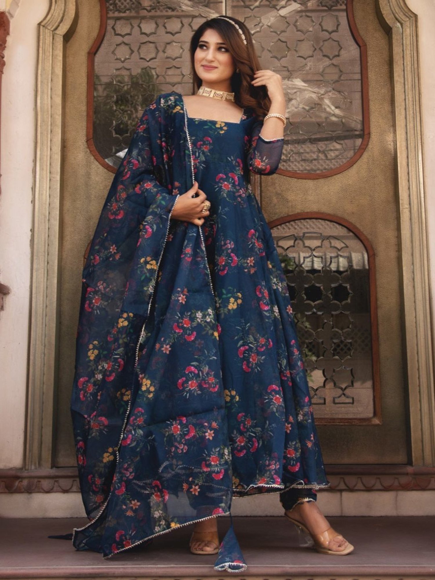 Calmna Peacock Blue Gotapatti Organza Anarkali Suit Set