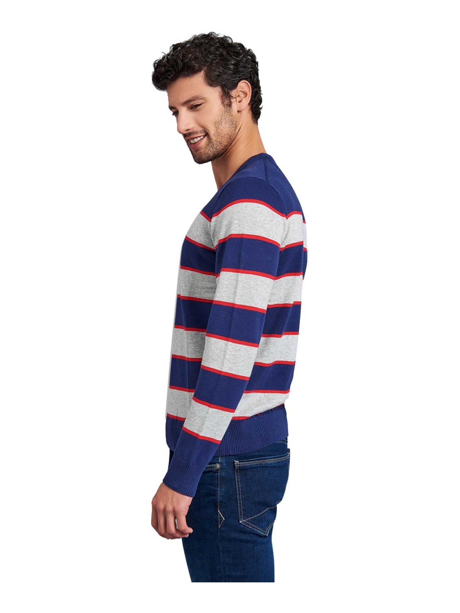 Beverly Hills Polo Club Navy & Grey Cotton Regular Fit Striped Sweater