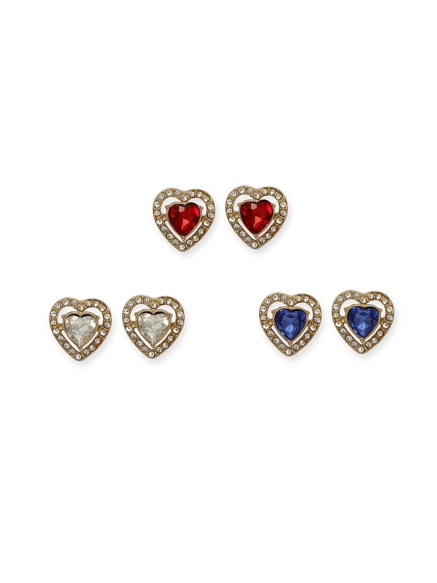 Lilly & Sparkle Gold-Toned Set of 3 Multi-Colored Stone Studded Heart Stud Earrings