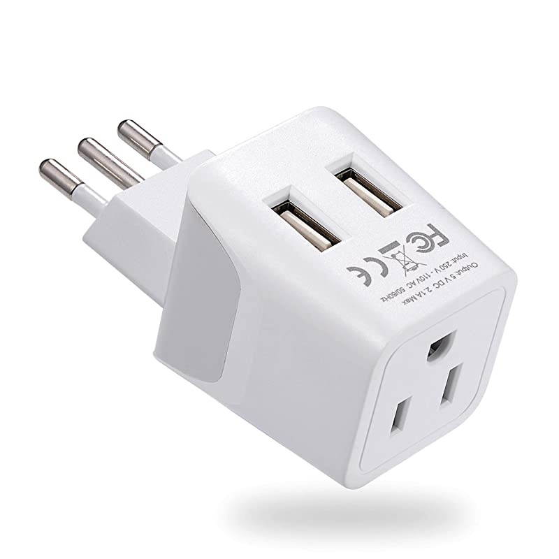 Italy, Chile, Uruguay Travel Adapter Plug by  With Dual USB - USA Input - Type L - Ultra Compact - Perfect for Cell Phones, Laptop, Camera Chargers, iWatch, iPad, iPhone and More (CTU-12A)