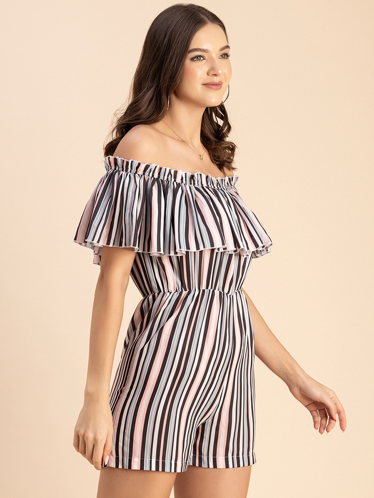 Moomaya Multicolor Georgette Striped Playsuit
