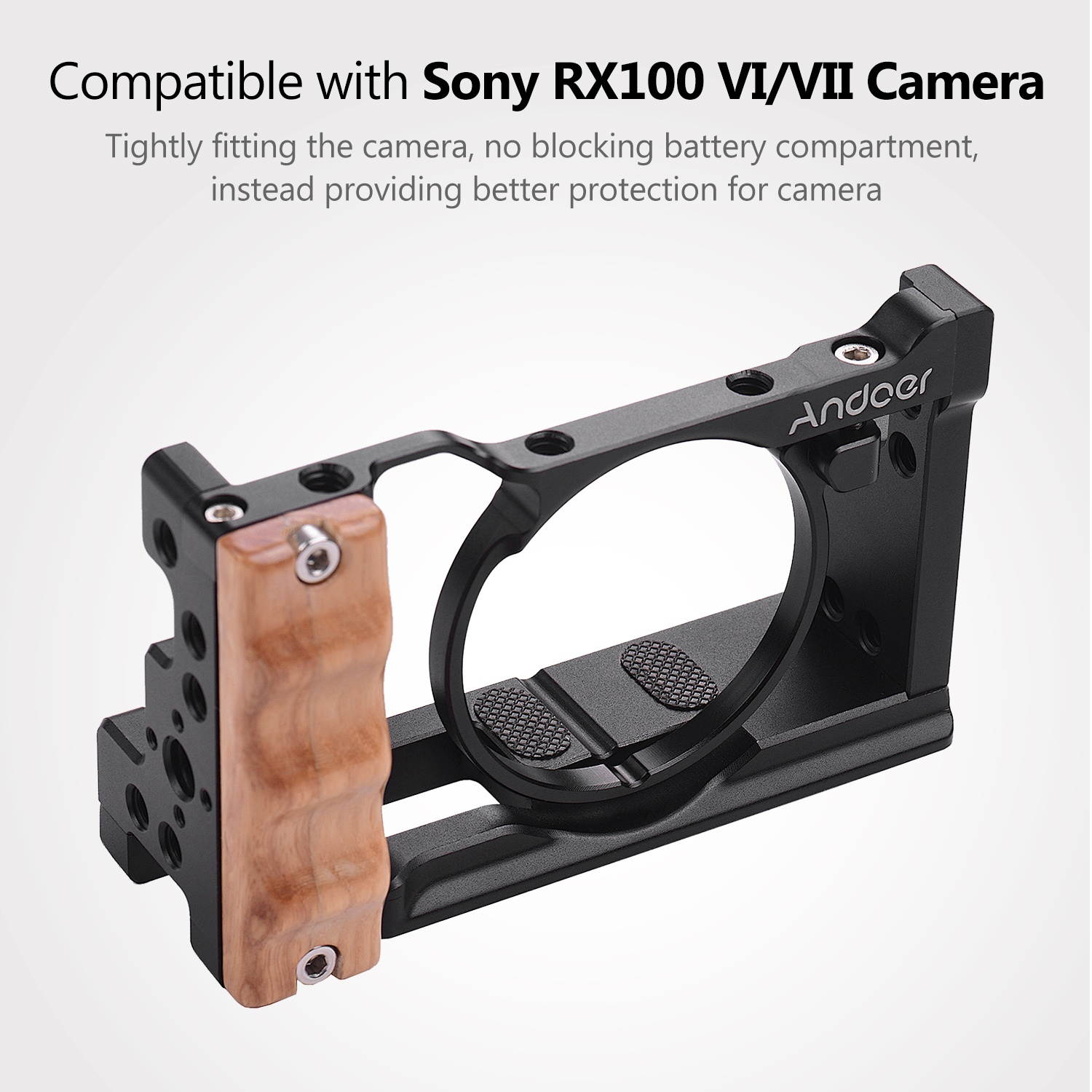 Andoer Metal Aluminum Camera Cage Compatible with Sony RX100 VI/VII with Cold Shoe Mount 1/4 Screw Wooden Handgrip Vlogging Shooting Accessories