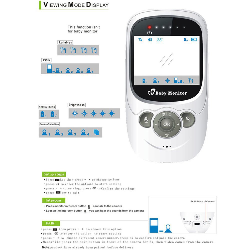 2.4 Inch Kid Monitoring Equipment With Camera Intercom Function Digital Wireless Surveillance Night Vision Temperature Sensor - white black