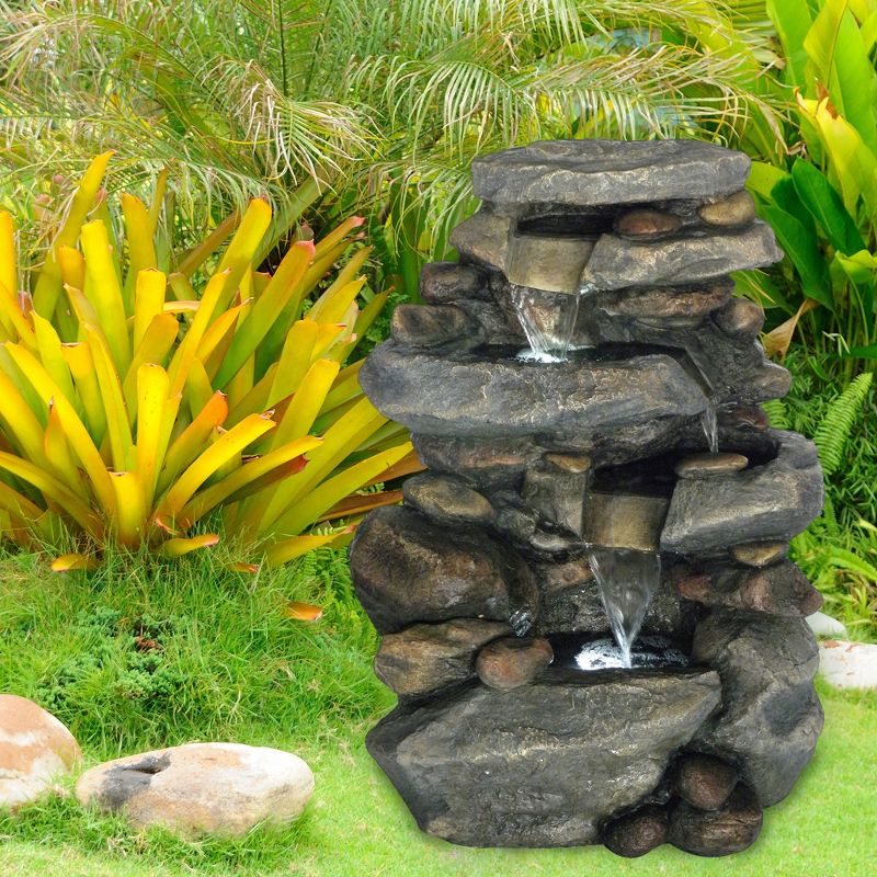 19.4" x 15" x 25.5" Stone Waterfall Outdoor Fountain With LED Lights - Gray - Pure Garden