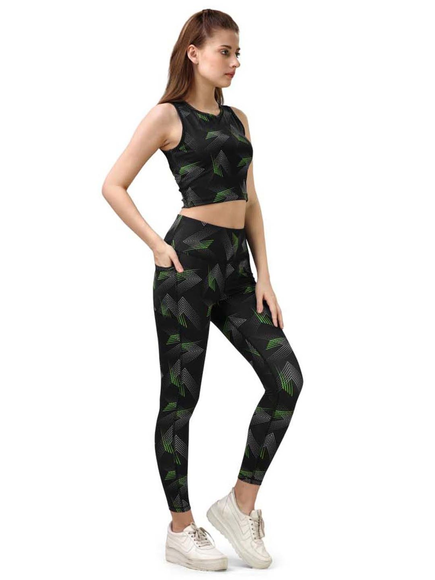 Soie Black Printed Sports Crop Top Tights Set