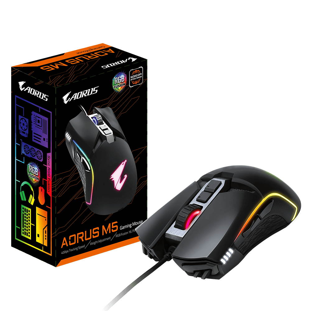 GIGABYTE AORUS RGB 16000 dpi Optical Sensor Fully Programmable and Saved Onboard 16.7M Customizable Lighting Gaming Mouse - GM-AORUS M5