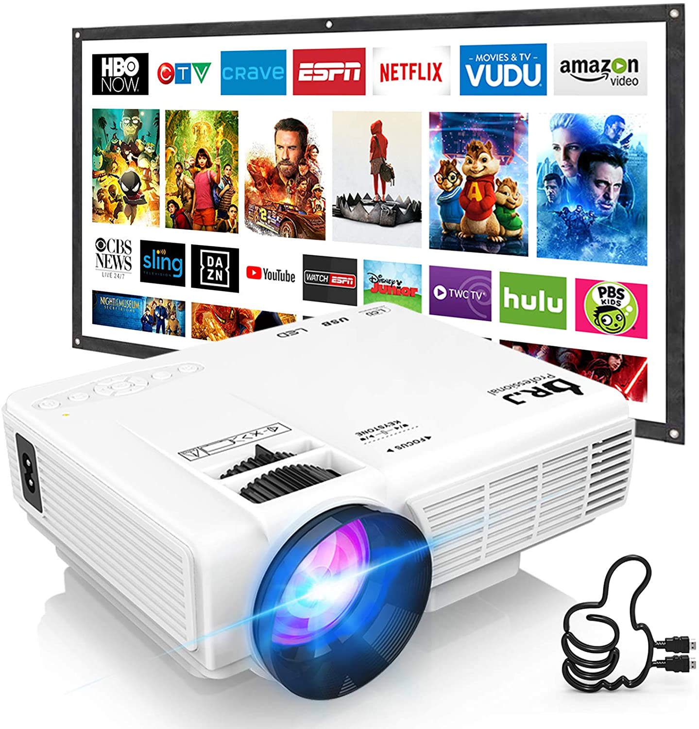 DR. J Professional HI-04 Mini Projector Outdoor Movie Projector with 100Inch Projector Screen, 1080P Supported Compatible with TV Stick, Video Games, HDMI,USB,TF,VGA,AUX,AV
