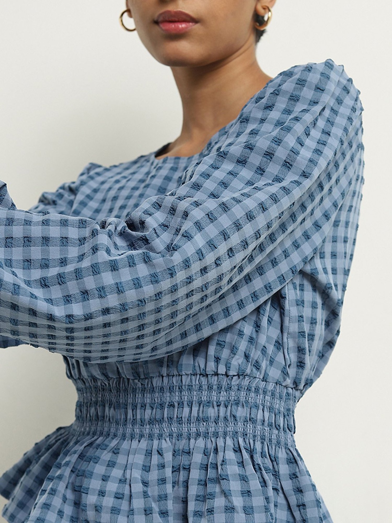 LOV by Westside Blue Gingham Checkered Peplum Top