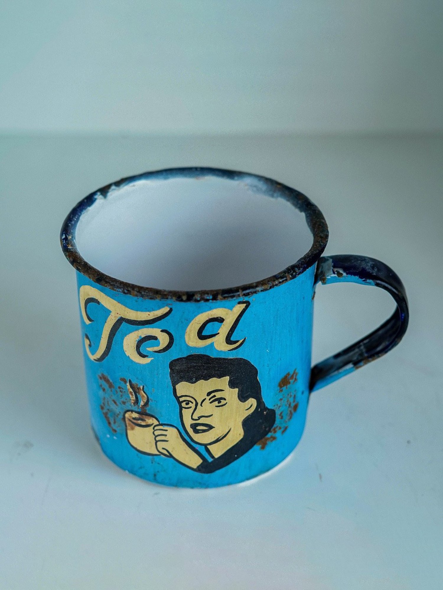 Artisans Rose Hand-painted Blue & Yellow Enamel Vintage Mugs - Set of 2