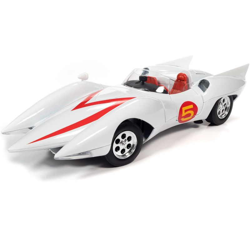 Mach 5 Five White with Chim-Chim Monkey and Speed Racer Figurines 1/18 Diecast Model Car by Autoworld