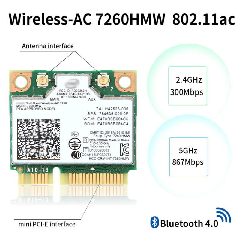 Dual Band AC1200 7260HMW 7260AC Wireless 2X2 Mini PCI-E Wi-Fi Network Card, Bluetooth 4.0, Up to 867Mbps (5Ghz) + 300Mbps (2.4Ghz), IEEE802.11ac/a/b/g/n, Windows 7/8/10 For Laptop PC
