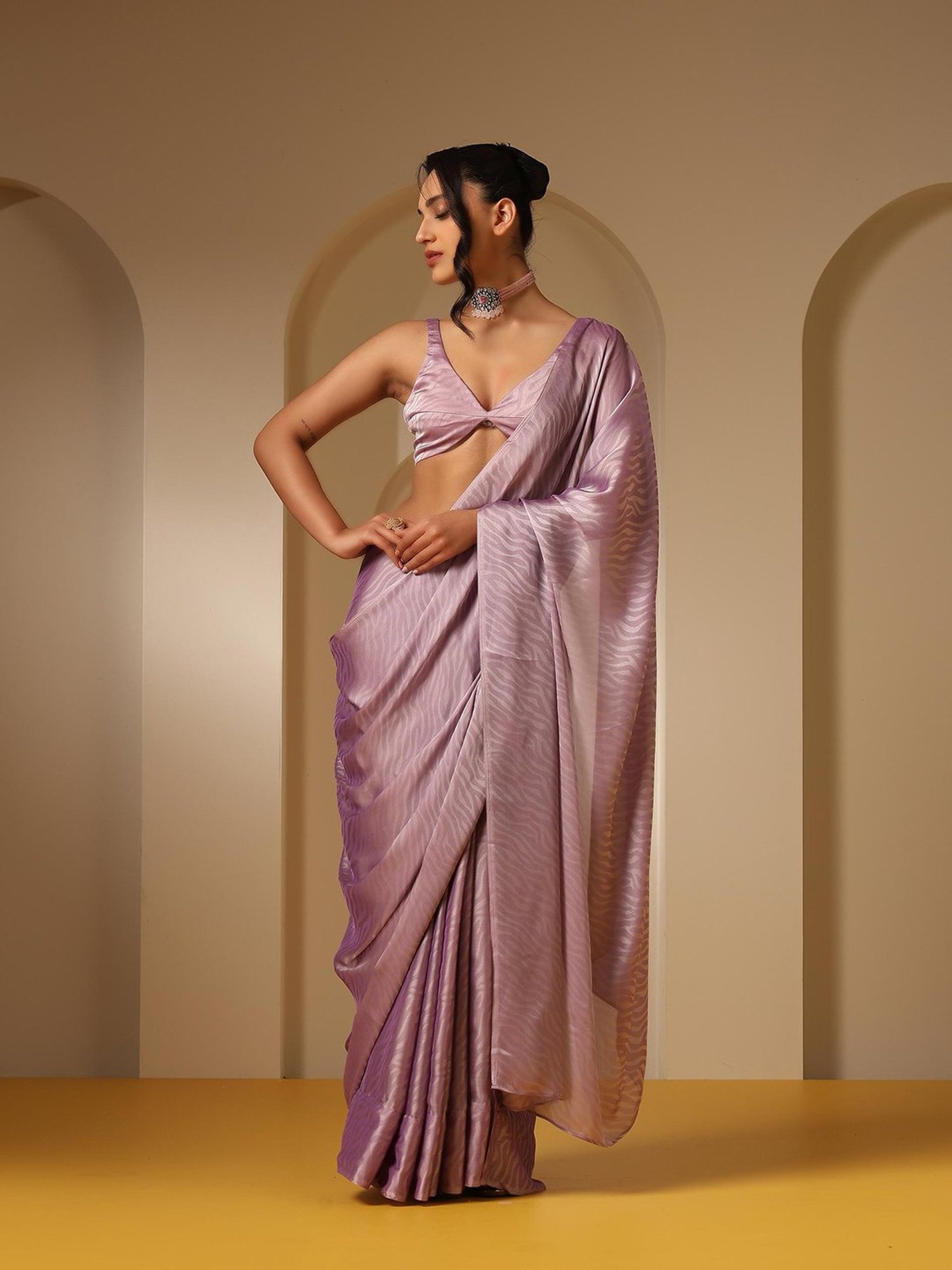 Swtantra Lavender Satin Saree With Unstitched Self Blouse