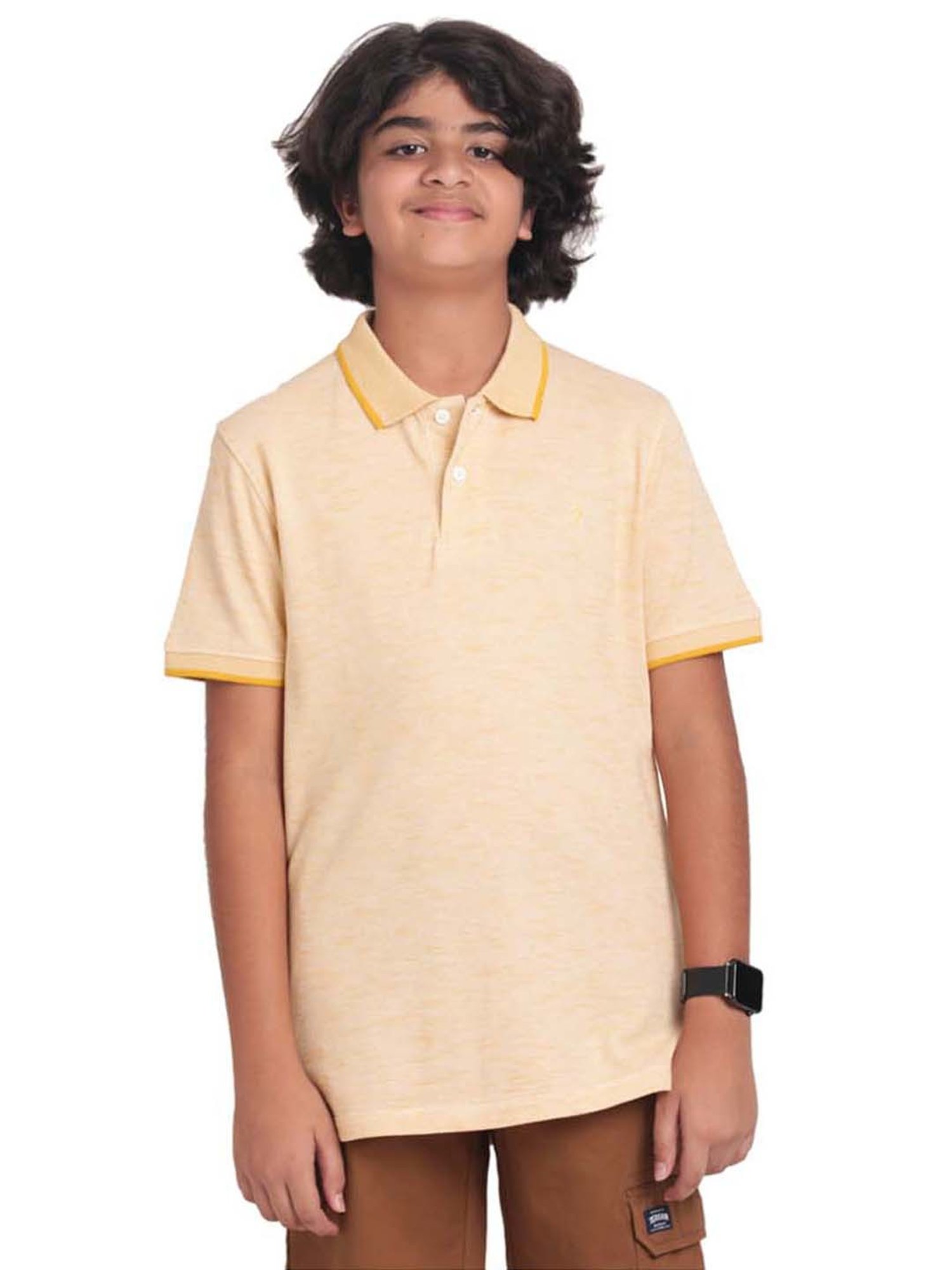 Indian Terrain Kids Yellow Cotton Self Pattern Polo T-Shirt