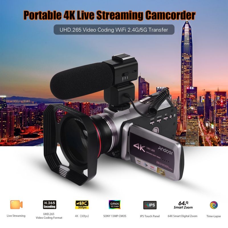 Andoer HDV-AZ50 Portable Real 4K 30FPS WiFi Digital Video Camera Camcorder 3.1 Inch IPS Touchscreen 64X Digital Zoom IR Night Vision Camcorder with Camera Battery 0.39X Super Wide Angle Lens CM-520