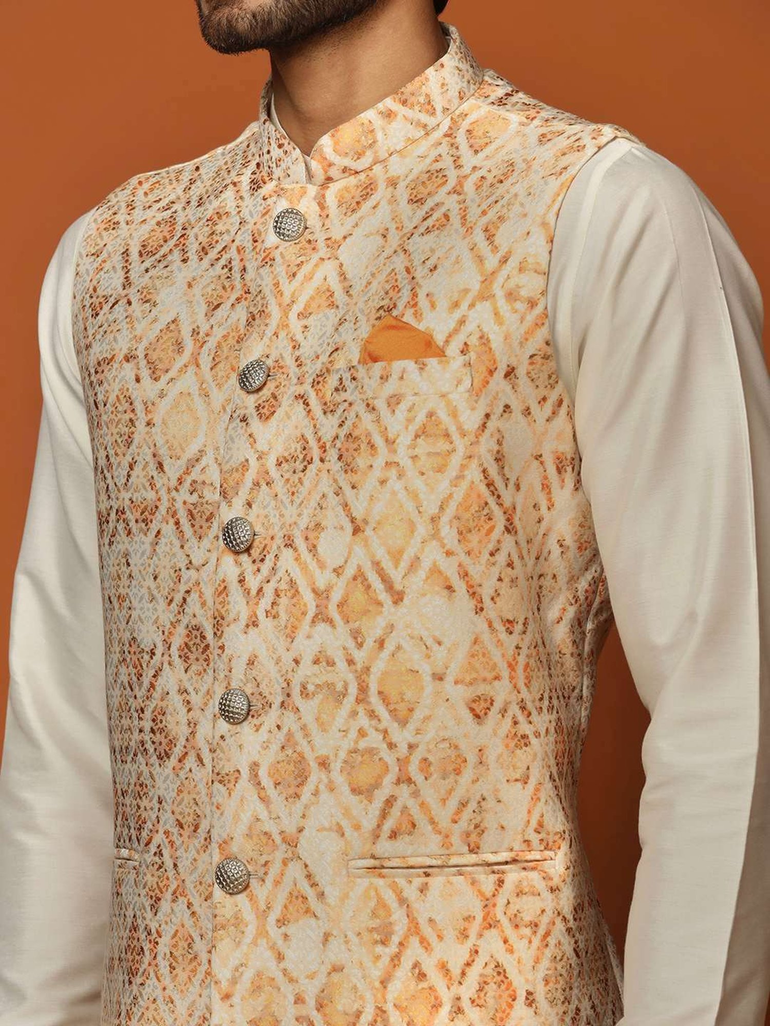 KISAH Orange Regular Fit Self Pattern Kurta Set With Jacket