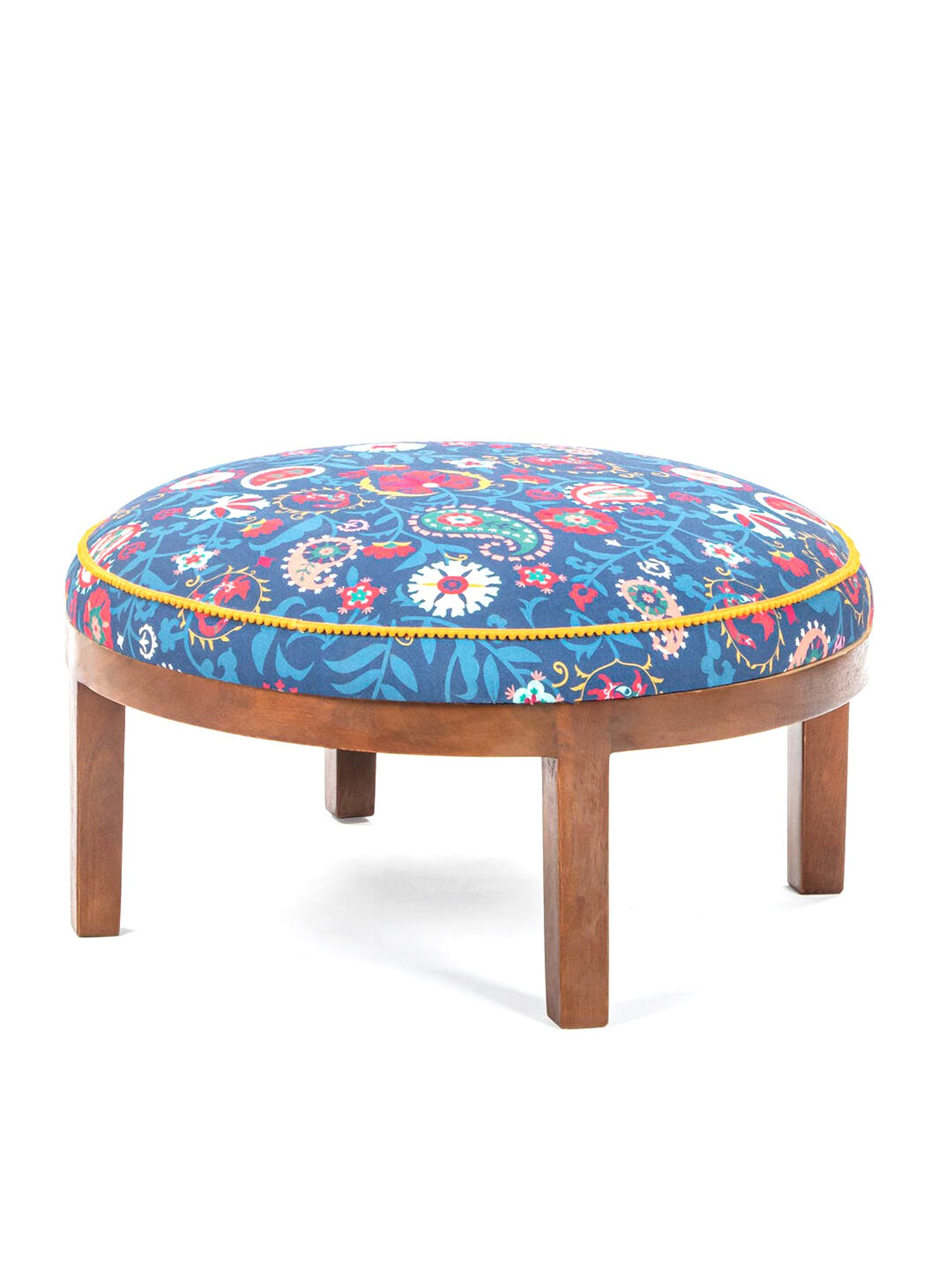 Chumbak Bohemian Paisley Dark Blue Wood Ottoman
