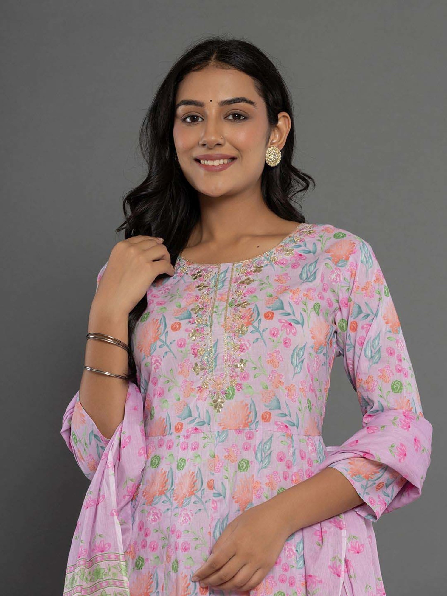 Yufta Purple Cotton Printed Kurta Pant Set With Dupatta