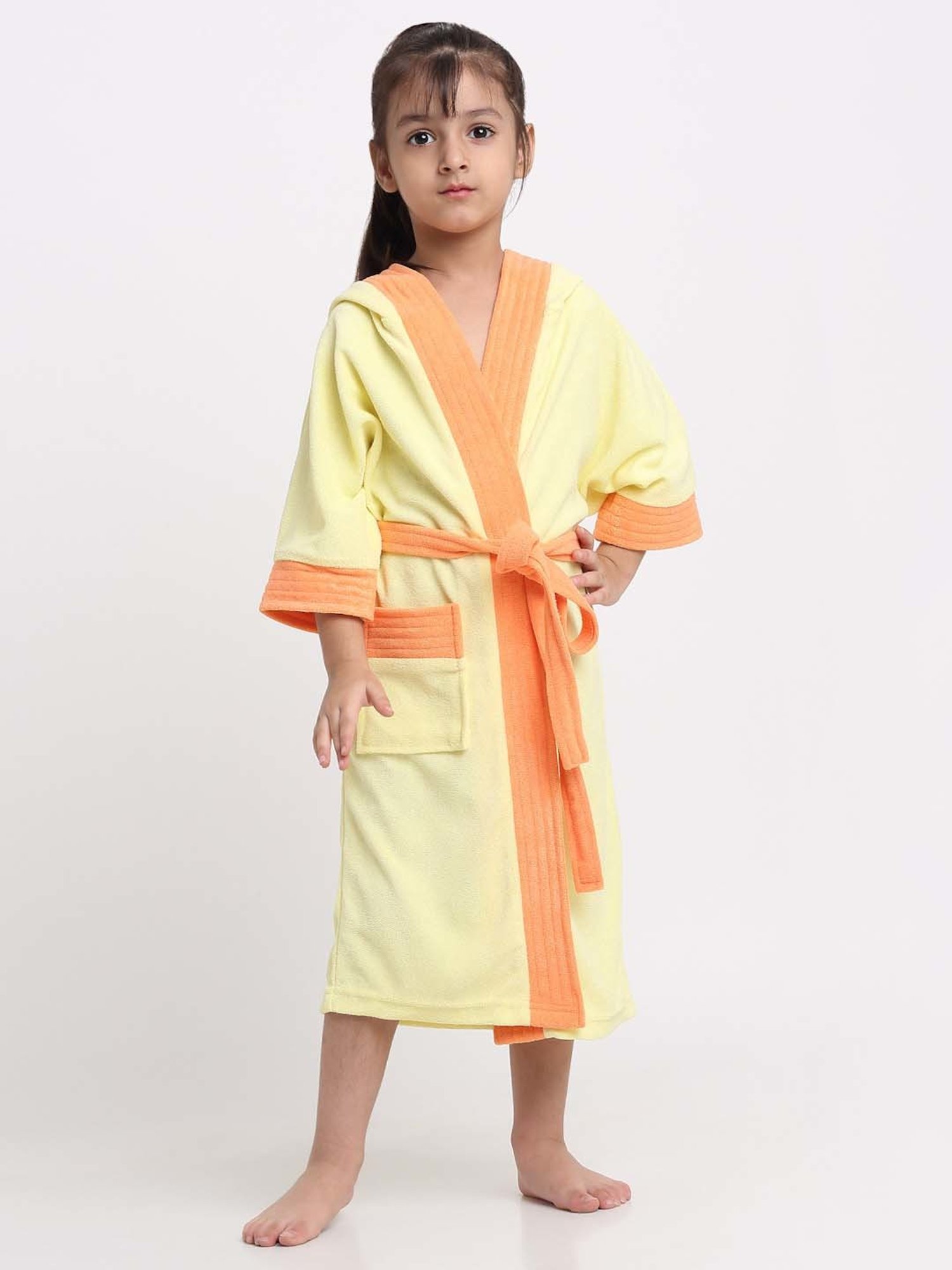 Creeva Melodious Yellow & Orange Micro Terry 225 GSM Kids Hooded Bathrobe 4-5 Years With Pocket