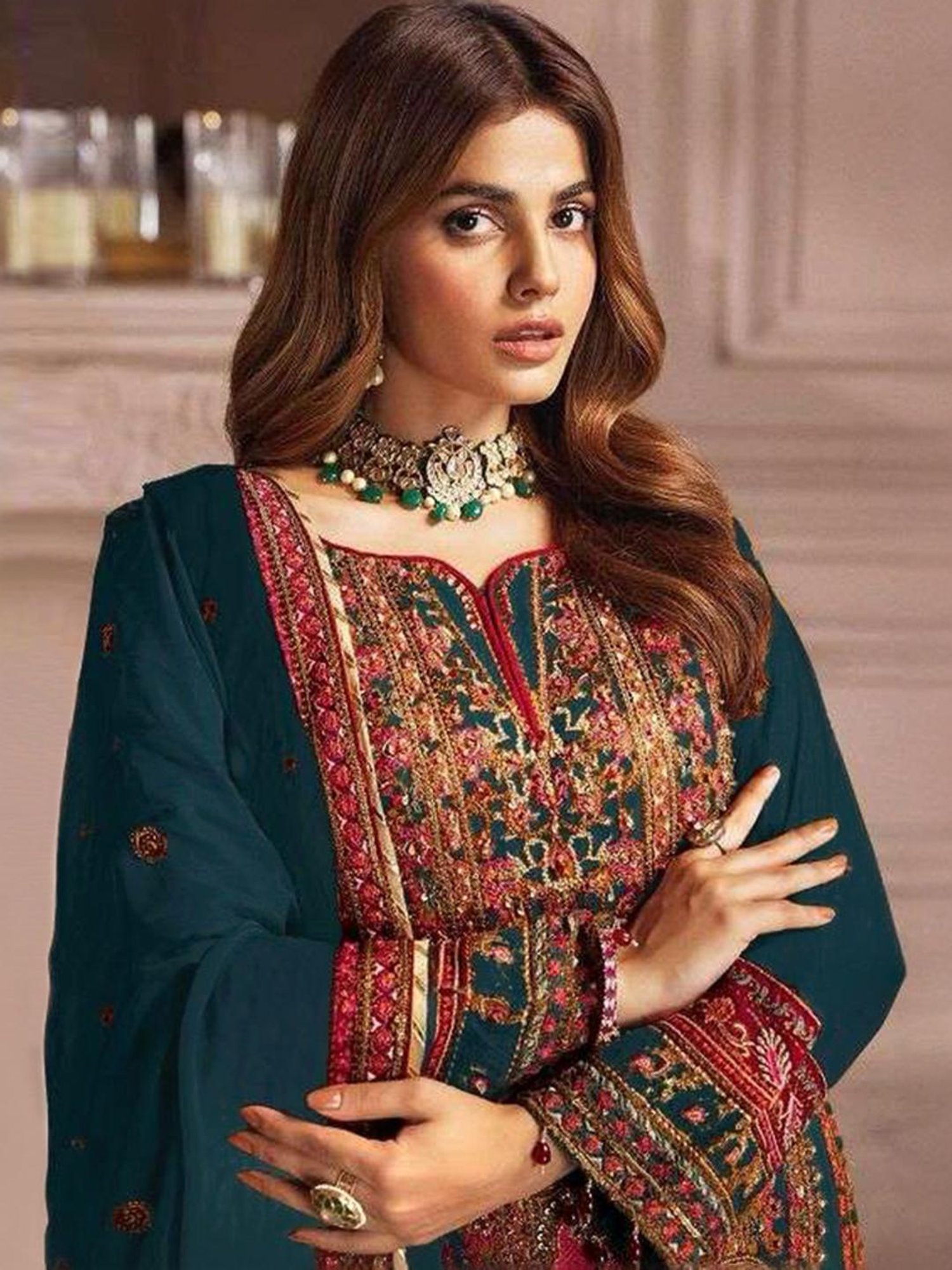 Odette Teal Blue Embroidered Unstitched Dress Material