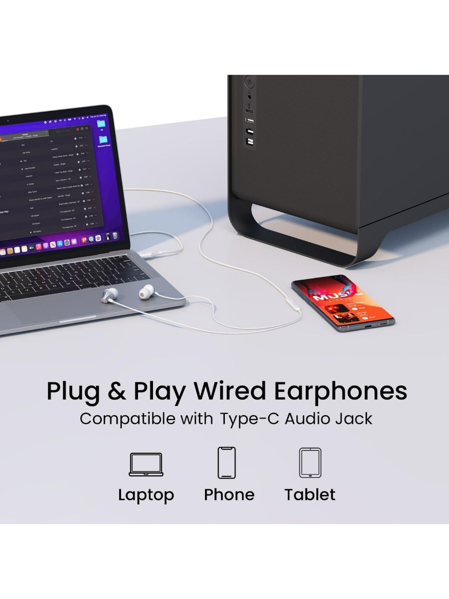 Portronics Conch Beat C in Ear Wired Earphones with Mic, Type C Audio Jack, 10mm Driver (Silver)