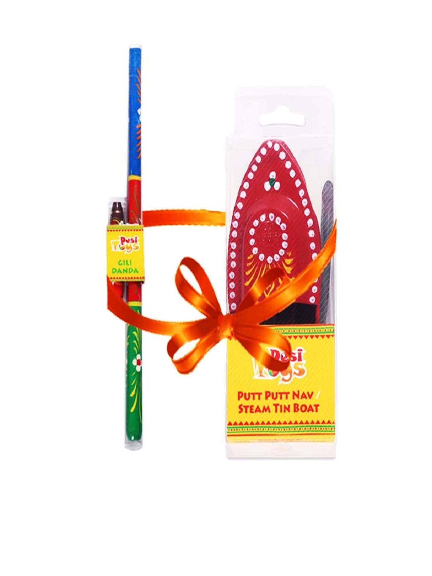 Desi Toys Kids Multicolor Wooden Steam Boat & Gilli Danda Set