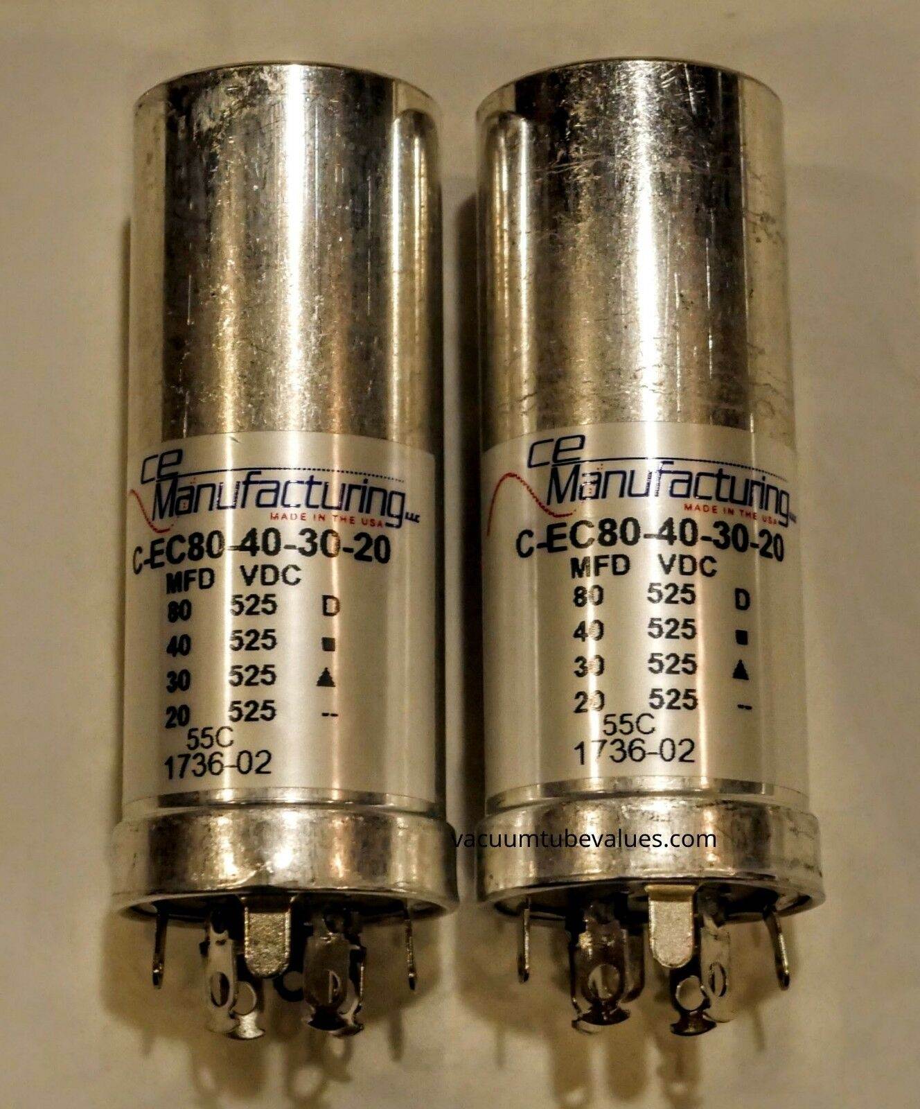 TWO Capacitors  CE MFG CAN ELECTROLYTIC MALLORY  525V, 80/40/30/20&micro;F USA MFD