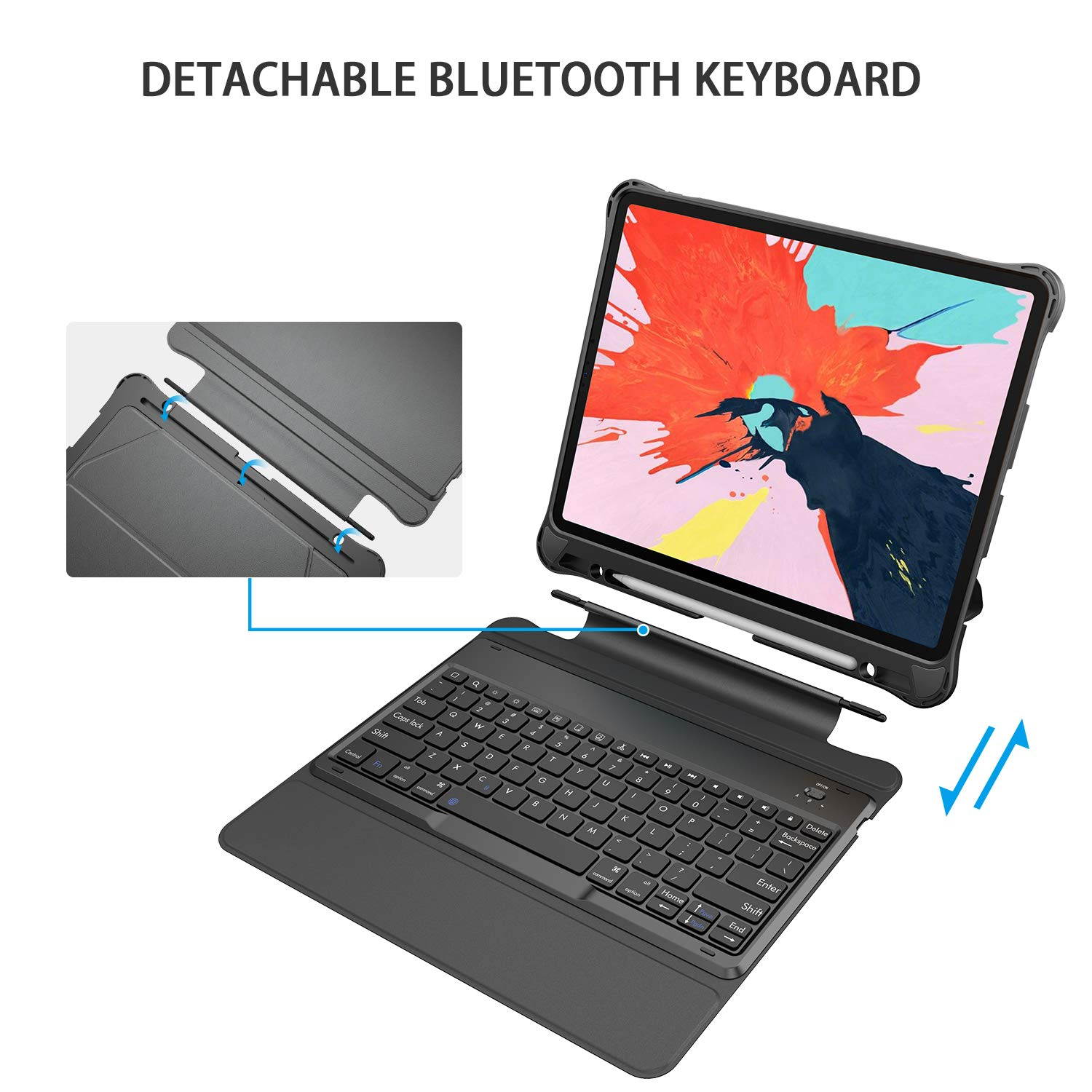 OMOTON Detachable Keyboard Case for iPad Pro 12.9 2018 (Not fit for 2015&2017 Version), Ultra-Thin Bluetooth Keyboard Case with Built-in Stand and Pencil Slot (Support Apple Pen 2nd Charging), Black